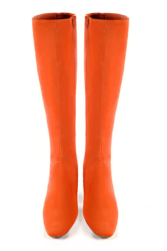 Clementine orange women's feminine knee-high boots. Round toe. High block heels. Made to measure. Top view - Florence KOOIJMAN